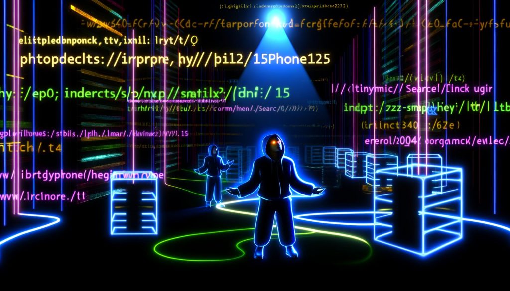 Futuristische Illustration mit klaren, leuchtenden SEO-URLs in Neonfarben in einem dunklen Serverraum. Ein SEO-Profi im Hoodie zeigt auf eine strukturierte URL, während alte, kryptische URLs im Schatten verblassen. Im Hintergrund flimmern Google-Suchergebnis und Codezeilen.