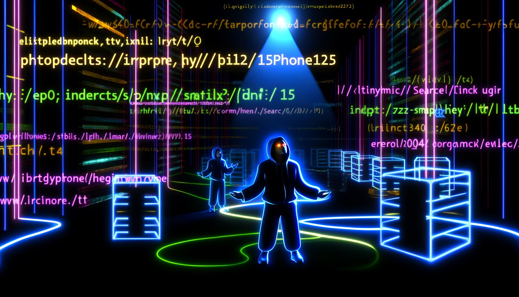 Futuristische Illustration mit klaren, leuchtenden SEO-URLs in Neonfarben in einem dunklen Serverraum. Ein SEO-Profi im Hoodie zeigt auf eine strukturierte URL, während alte, kryptische URLs im Schatten verblassen. Im Hintergrund flimmern Google-Suchergebnis und Codezeilen.