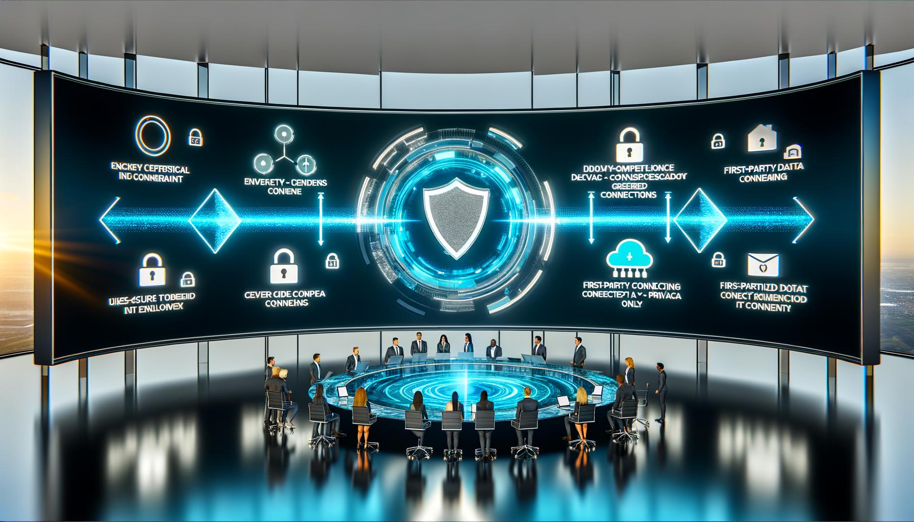 Team von Marketern vor digitalen Dashboards mit Datenschutzsymbolen, verschlüsselten Daten und Consent-Bannern in einem modernen Büro