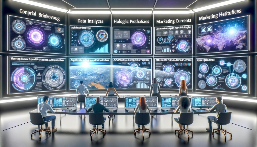 Weitläufiger, futuristischer Kontrollraum mit digitalen Bildschirmen, interaktiven Dashboards und vielfältigen Marketingspezialisten, die Echtzeit-Daten und KI-Analysen steuern.