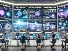 Weitläufiger, futuristischer Kontrollraum mit digitalen Bildschirmen, interaktiven Dashboards und vielfältigen Marketingspezialisten, die Echtzeit-Daten und KI-Analysen steuern.