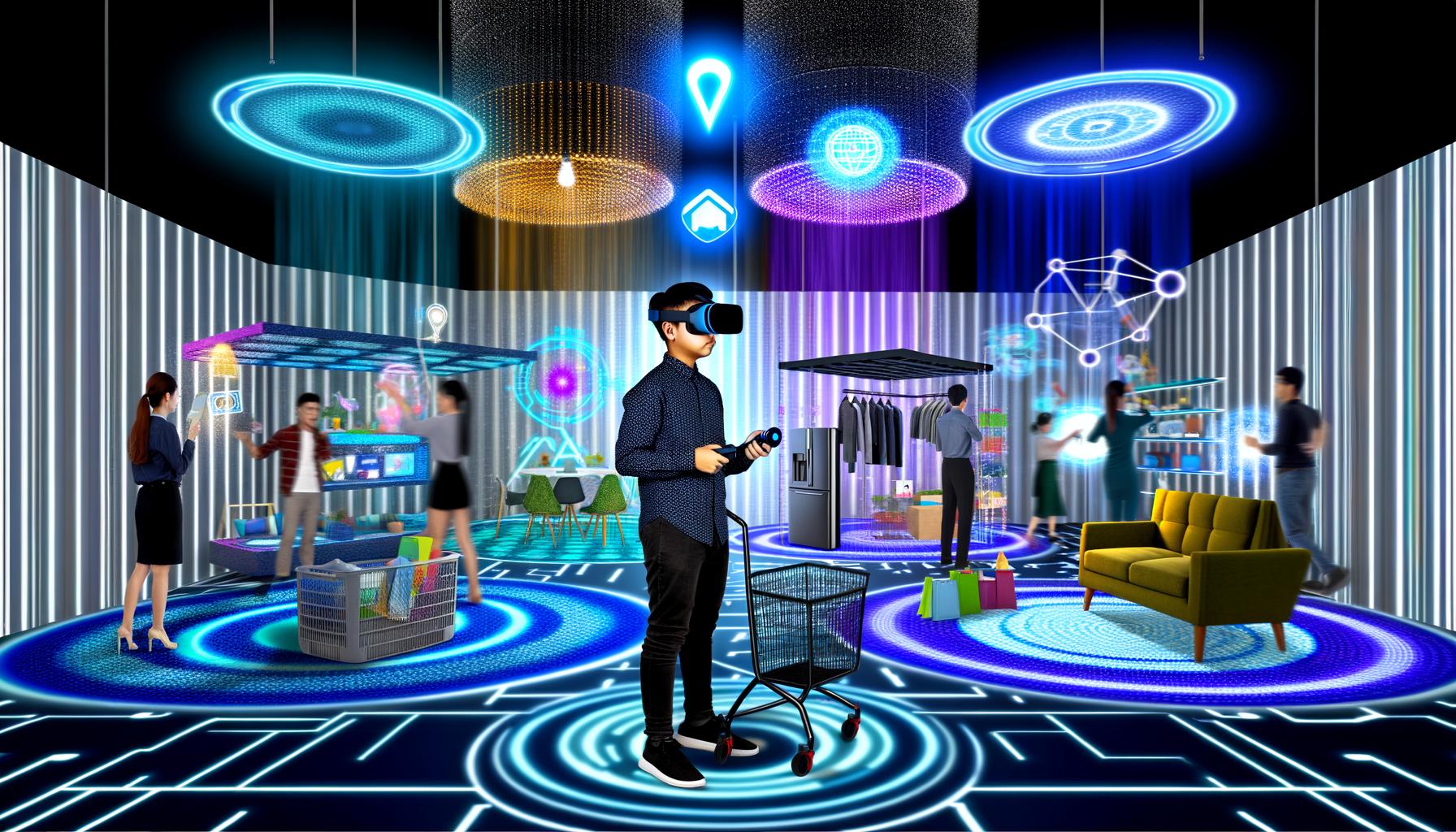 Junger Erwachsener mit VR-Brille in einem virtuellen Showroom voller schwebender, realistischer 3D-Produkte und interaktiven Elementen.