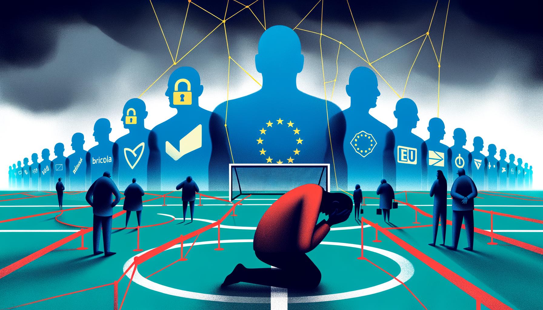 Illustration einer Person mit gesenktem Kopf auf einem digitalen Spielfeld, umgeben von Silhouetten großer Tech-Konzerne, durchtrennten Datenströmen, jubelnden Datenschützern und ratlosen Marketing-Teams.