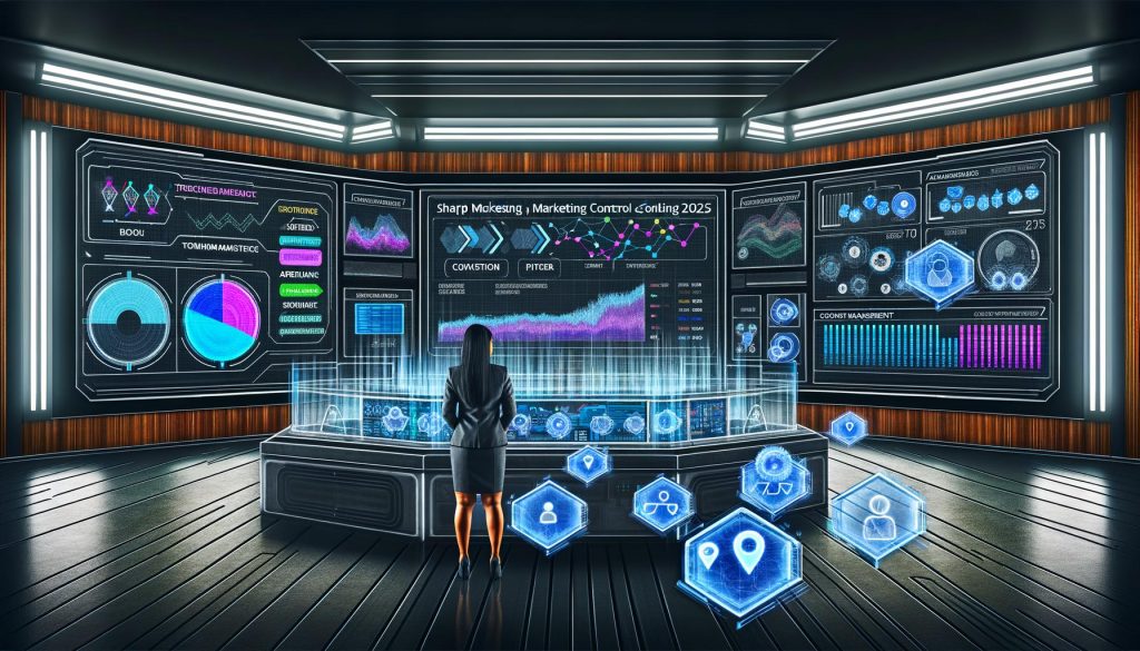 Futuristisches Marketing-Kontrollzentrum mit Managerin am digitalen Dashboard, mehreren Bildschirmen mit Datenströmen, Analytics und holografischen Visualisierungen zu Tracking und Datenschutz.