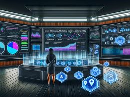 Futuristisches Marketing-Kontrollzentrum mit Managerin am digitalen Dashboard, mehreren Bildschirmen mit Datenströmen, Analytics und holografischen Visualisierungen zu Tracking und Datenschutz.