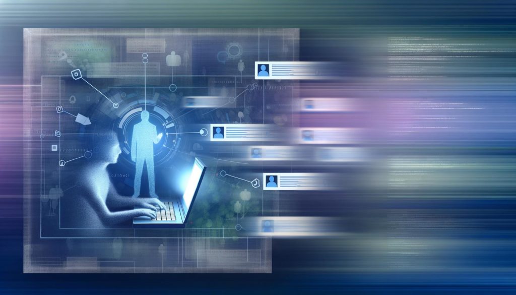 Digitale Illustration einer Person, die hektisch durch einen LinkedIn-Feed scrollt, wobei ein Beitrag hervorgehoben ist und algorithmische Grafiken das unsichtbare Regelwerk symbolisieren.