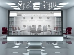 Flacher Bildschirm mit moderner Website-Navigation, strukturiertem Menü und subtilen SEO-Symbolen in einem futuristischen Büro.