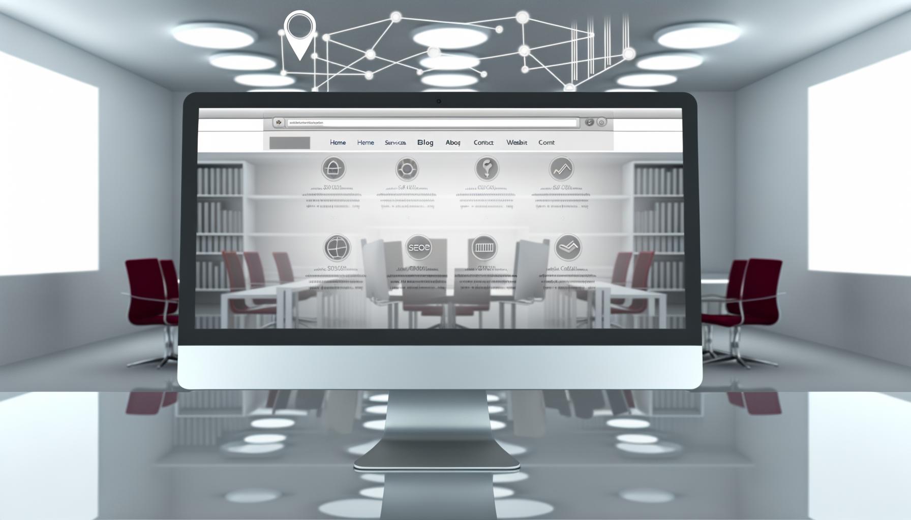 Flacher Bildschirm mit moderner Website-Navigation, strukturiertem Menü und subtilen SEO-Symbolen in einem futuristischen Büro.