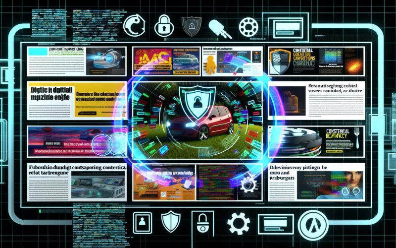 Collage moderner Webseiten mit relevanten Werbeanzeigen, AI-Icons, Code und Datenschutzsymbolen wie Schild und durchgestrichene Cookies