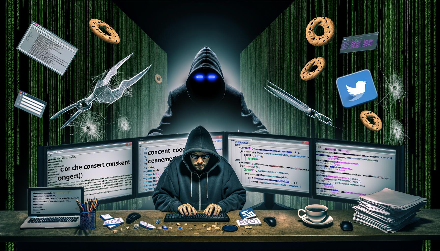 Hyperrealistisches Titelbild eines Marketers im Hoodie, der nachts an mehreren Bildschirmen arbeitet, umgeben von Matrix-Code, Consent-Bannern, Cookie-Icons und Analytics-Grafiken. Im Hintergrund eine große DSGVO-Klaue und digitale Nebelschwaden.