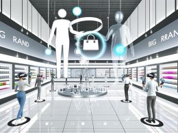 Virtuelle Einkaufswelt mit digitalen Avataren in futuristischem 3D-Showroom, Kunden tragen VR-Headsets und interagieren mit schwebenden Produkten sowie holografischen Beratern, im Hintergrund Marken wie Meta, Apple und Google.