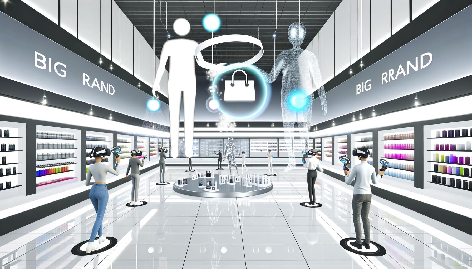 Virtuelle Einkaufswelt mit digitalen Avataren in futuristischem 3D-Showroom, Kunden tragen VR-Headsets und interagieren mit schwebenden Produkten sowie holografischen Beratern, im Hintergrund Marken wie Meta, Apple und Google.