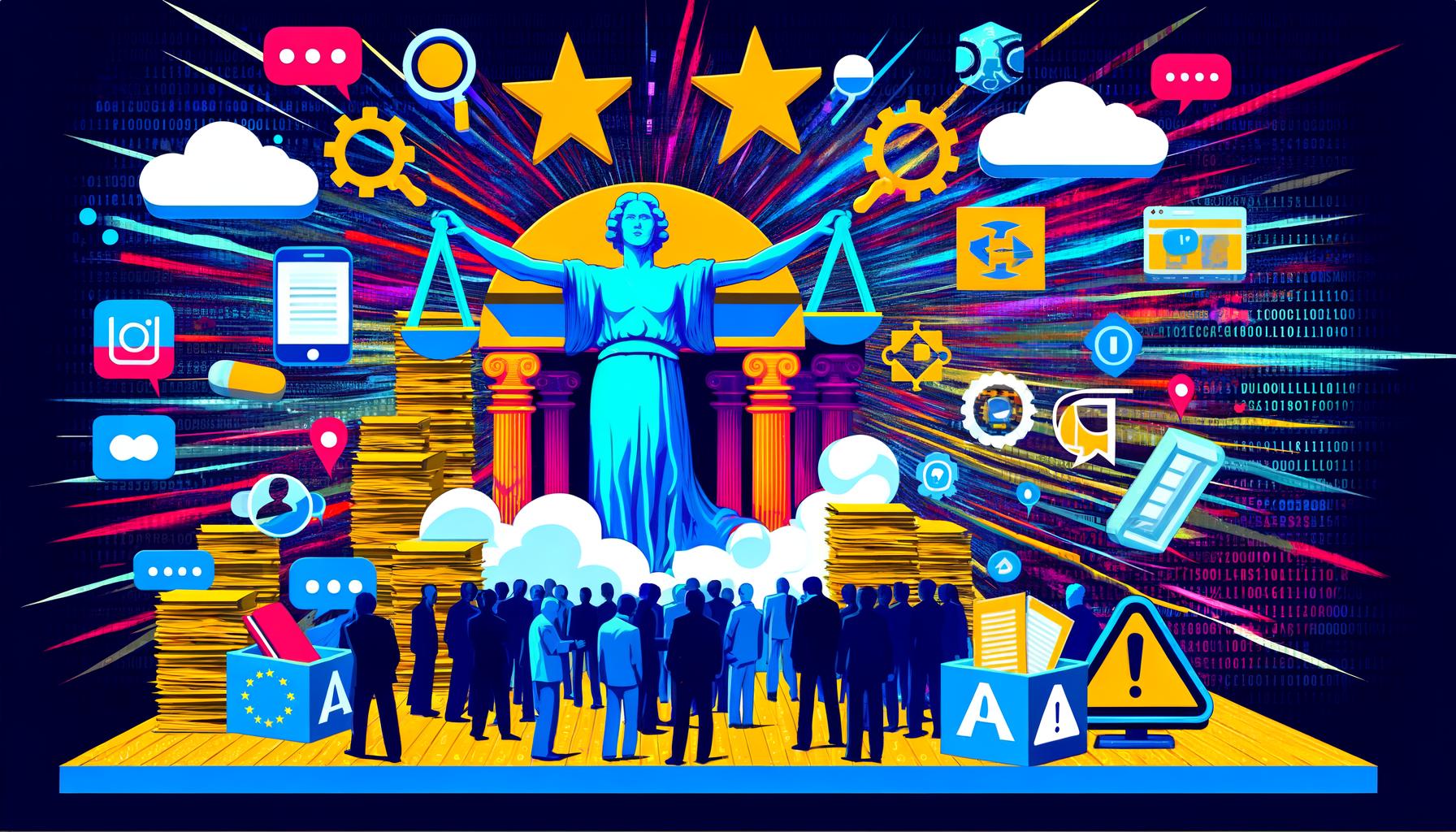 Modern illustriertes Titelbild mit Justitia als Schiedsrichter, Tech-Konzernen, protestierenden Menschen, Datenströmen und Bürokratie-Papierstapeln im Stil einer gesellschaftlichen Debatte zum DMA Kritik Aufschrei.