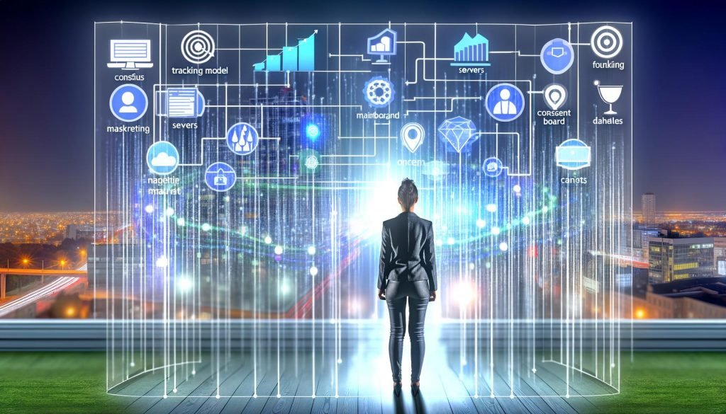 Digitaler Marketing-Manager vor vernetzter Datenarchitektur mit Server-, Tag- und Diagramm-Symbolen, umgeben von KPIs, Trichtern und Dashboards; im Hintergrund eine leuchtende Großstadt bei Nacht.