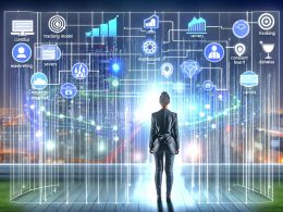 Digitaler Marketing-Manager vor vernetzter Datenarchitektur mit Server-, Tag- und Diagramm-Symbolen, umgeben von KPIs, Trichtern und Dashboards; im Hintergrund eine leuchtende Großstadt bei Nacht.