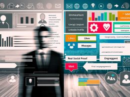 Links ein unscheinbares LinkedIn-Profil in Grautönen mit generischen Texten und schwacher Grafik, rechts ein optimiertes, farbenfrohes Profil mit klarer Headline, Social Proof, Engagement-Icons und Call-to-Action, hinterlegt von Datenströmen und Algorithmus-Symbolen.