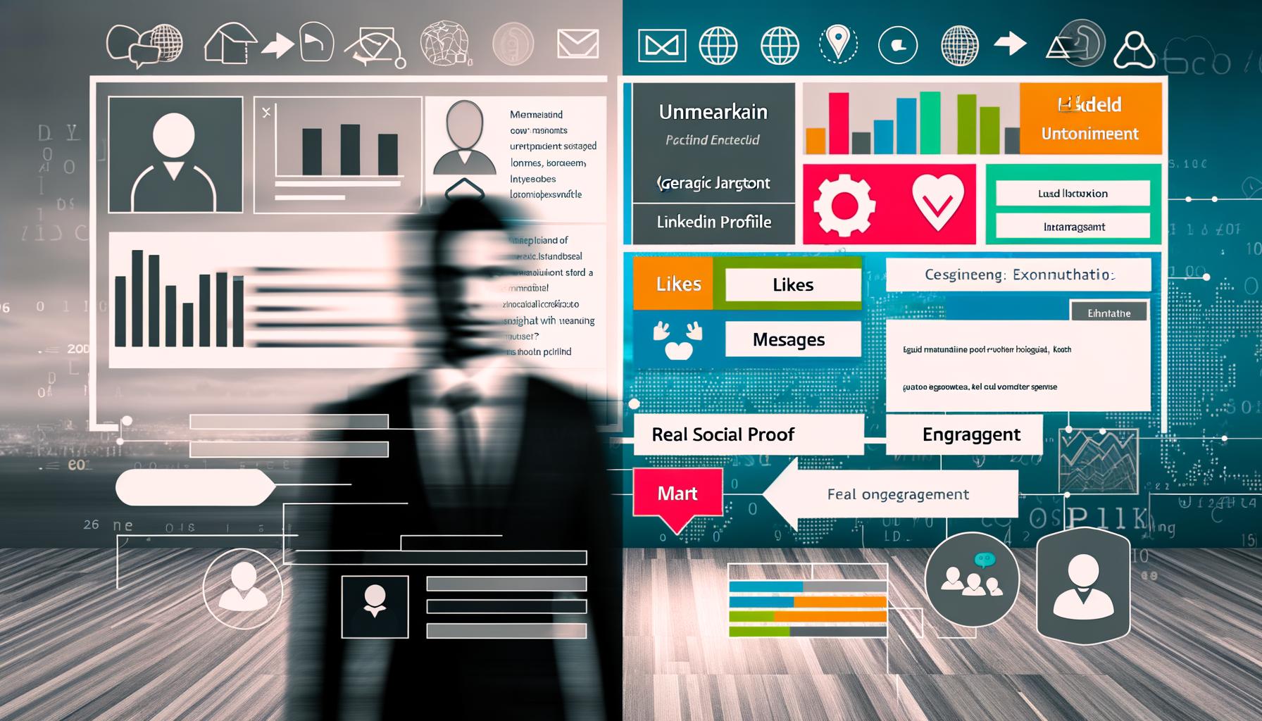 Links ein unscheinbares LinkedIn-Profil in Grautönen mit generischen Texten und schwacher Grafik, rechts ein optimiertes, farbenfrohes Profil mit klarer Headline, Social Proof, Engagement-Icons und Call-to-Action, hinterlegt von Datenströmen und Algorithmus-Symbolen.