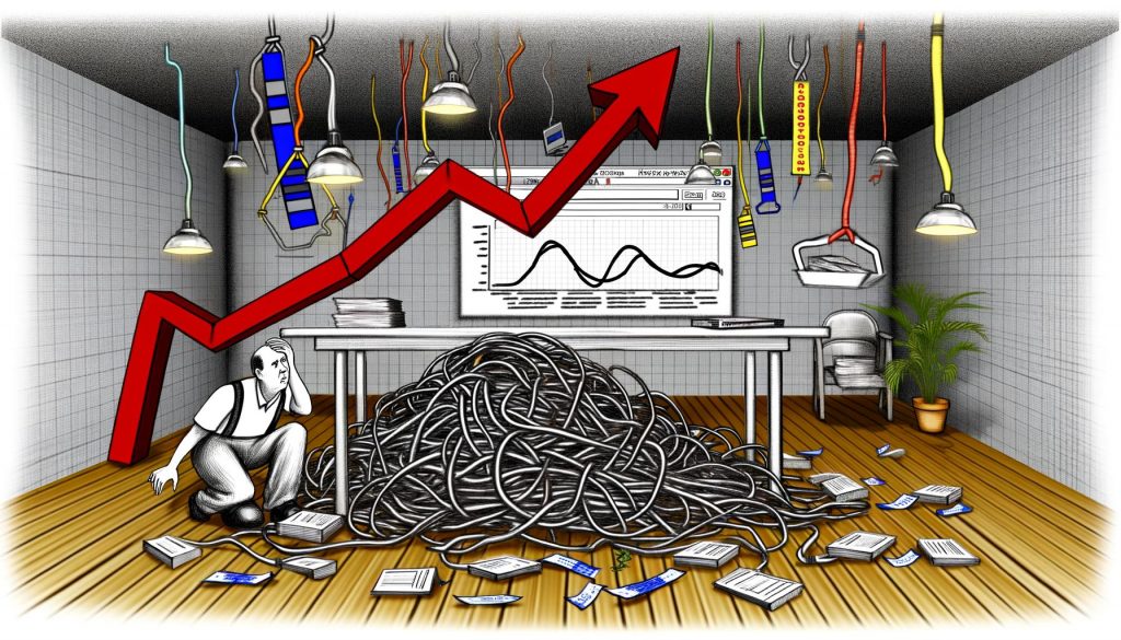Illustration eines chaotischen Kabelgewirrs unter einem Schreibtisch, erschwerter Zugang für Suchmaschinen-Crawler durch verworrene Menüs und defekte Navigation.