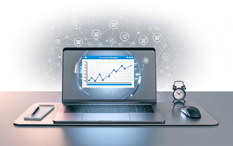 Minimalistische Arbeitsplatzszene mit Laptop, der ein Marketing-Analyse-Dashboard und deutlich markiertes Conversion Window zeigt. Im Hintergrund schwebende Timer-Grafiken und Attributions-Knotenpunkte.