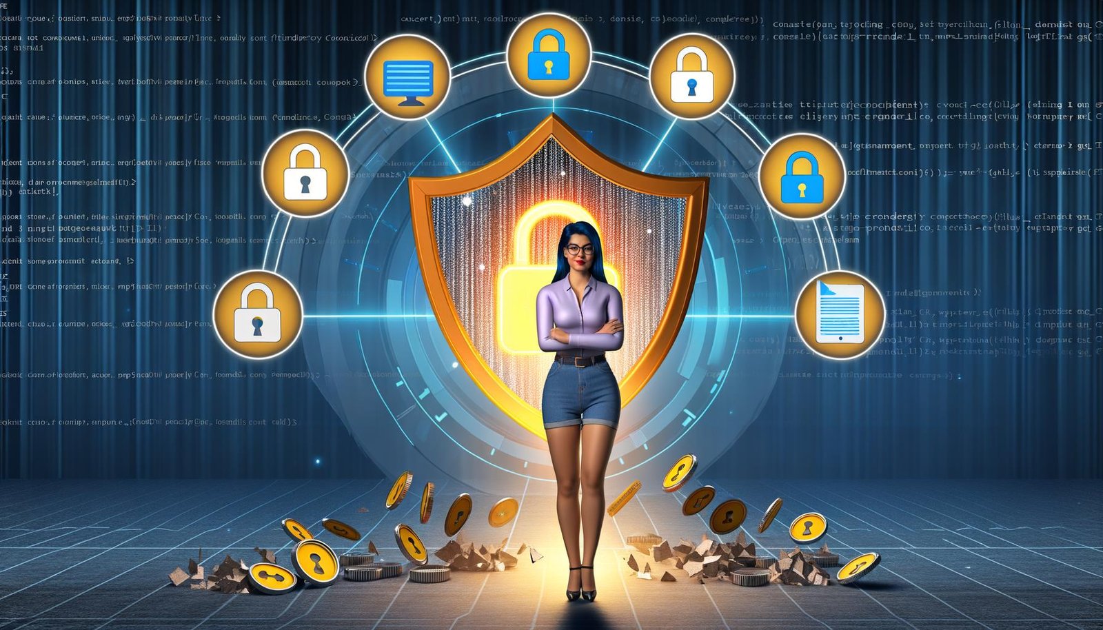 Digitale:r Marketer vor digitalem Datenschutzschild mit Symbolen für Einwilligung, Transparenz und Compliance, umgeben von modernen Tracking-Tools.