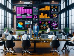 Stylisches, offenes Marketing-Büro mit großem digitalen Dashboard, Dynamic Content Editor auf riesigen Bildschirmen und Teams aus Marketing, Redaktion und IT bei gemeinsamer Arbeit.