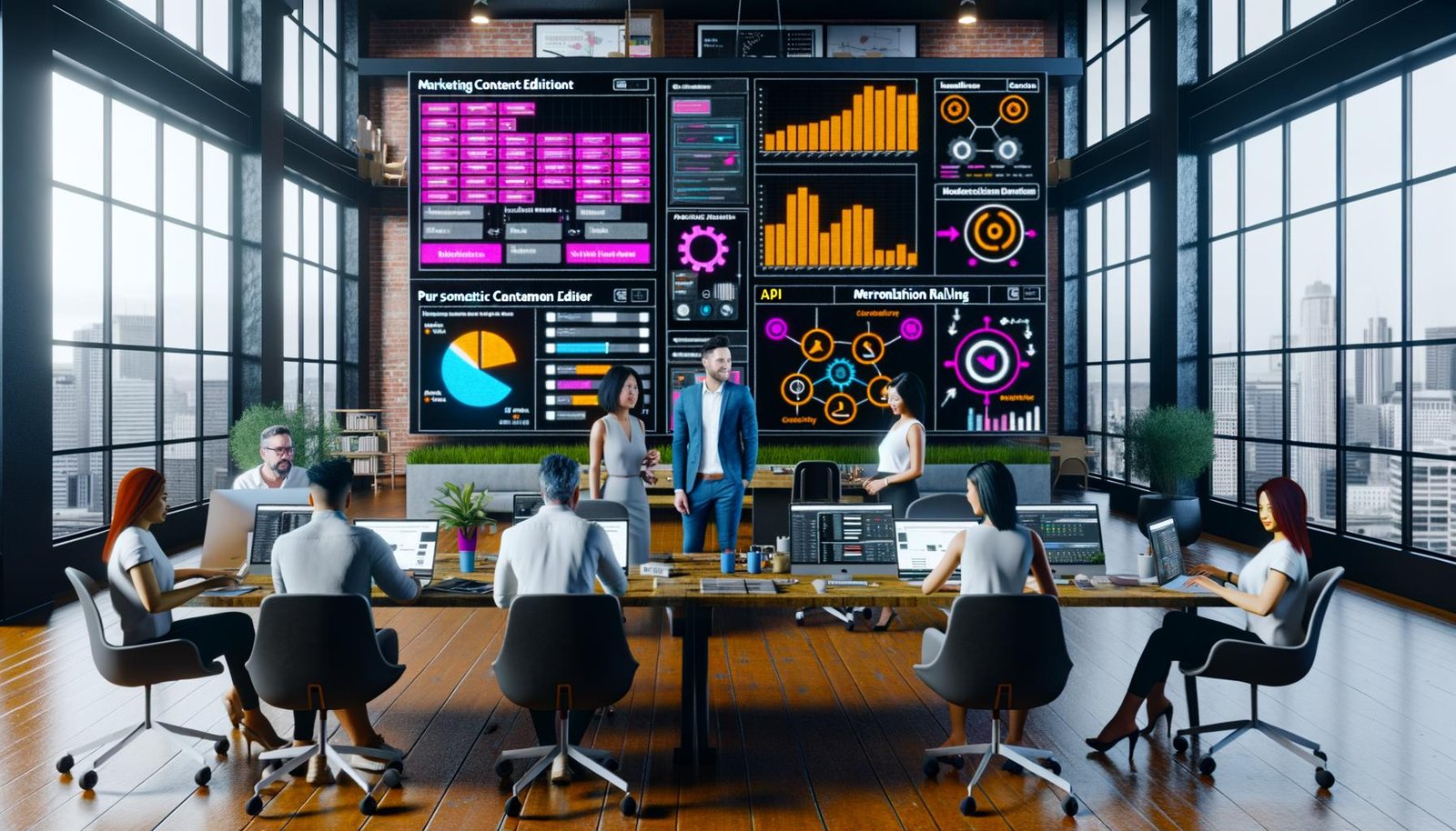 Stylisches, offenes Marketing-Büro mit großem digitalen Dashboard, Dynamic Content Editor auf riesigen Bildschirmen und Teams aus Marketing, Redaktion und IT bei gemeinsamer Arbeit.