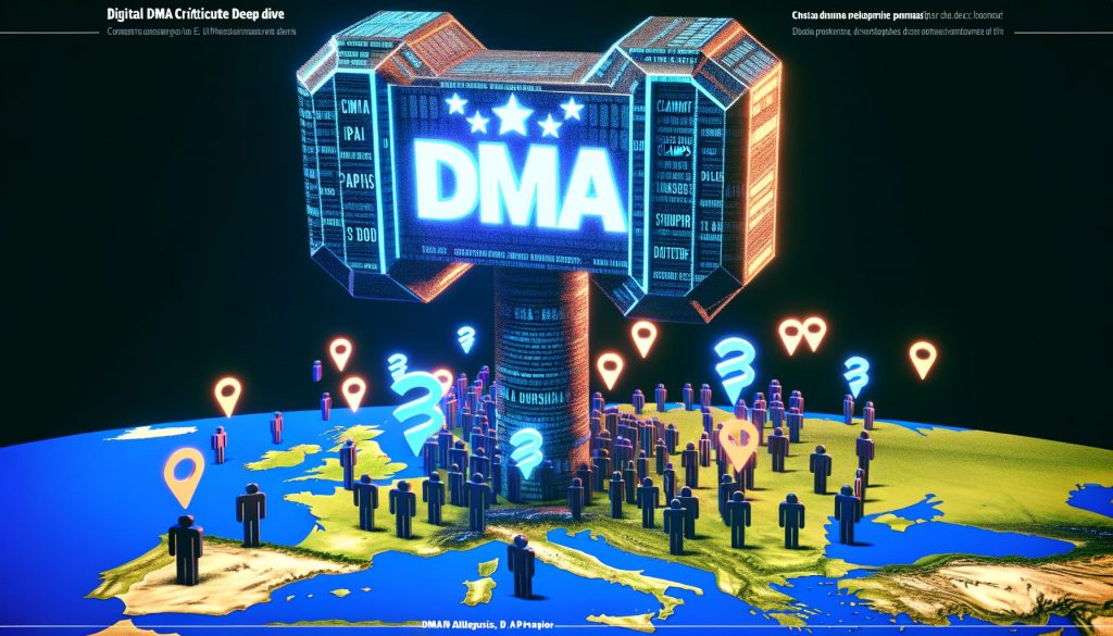 Futuristisches Titelbild: EU-DMA-Hammer schlägt auf Big-Tech-Logos auf europäischer Karte ein, umgeben von Paragraphen-Symbolen und Datenströmen. Entwickler und Marketer suchen Schutz.