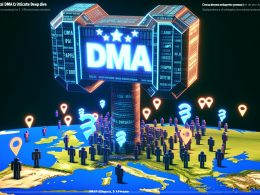 Futuristisches Titelbild: EU-DMA-Hammer schlägt auf Big-Tech-Logos auf europäischer Karte ein, umgeben von Paragraphen-Symbolen und Datenströmen. Entwickler und Marketer suchen Schutz.