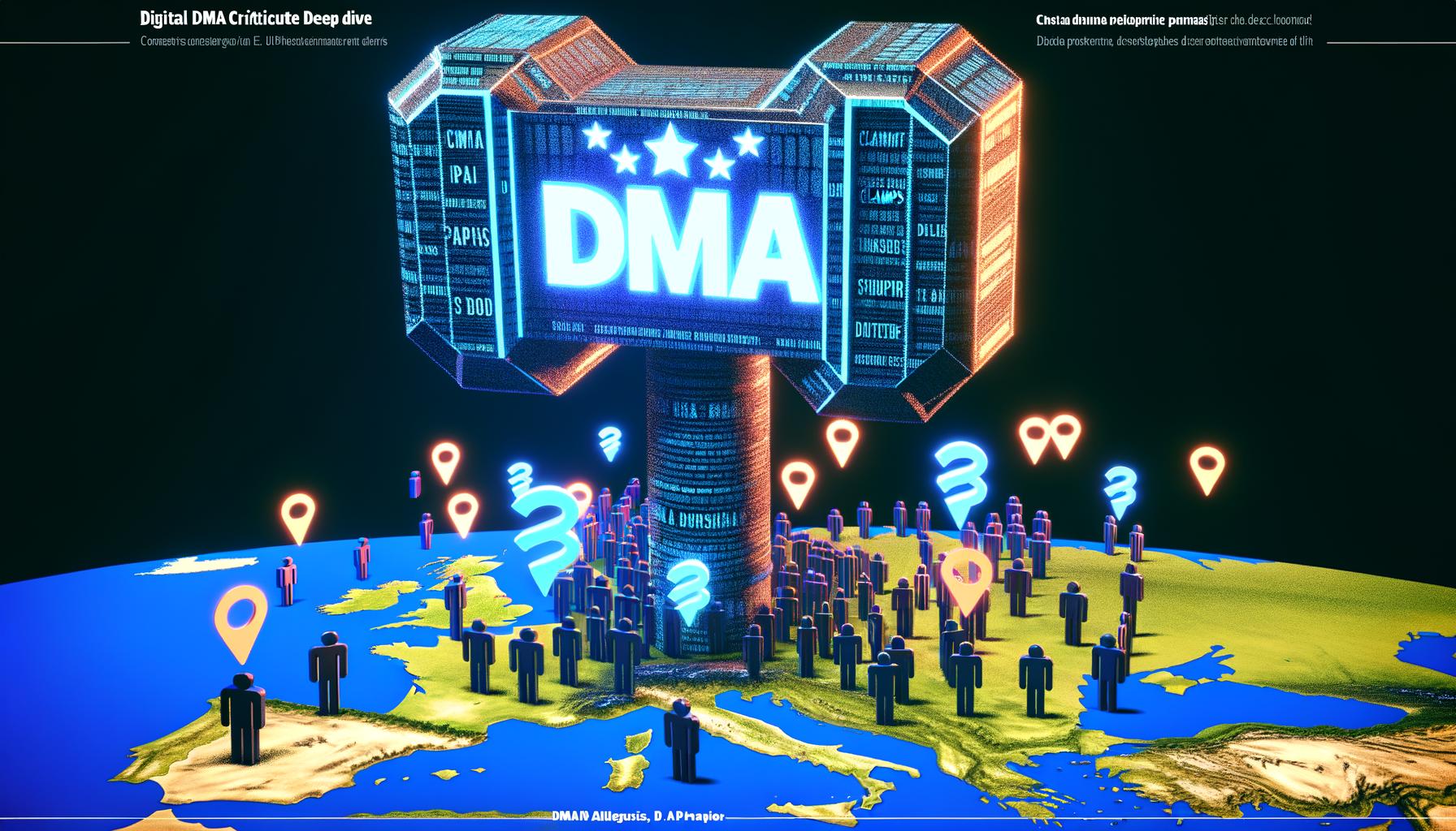 Futuristisches Titelbild: EU-DMA-Hammer schlägt auf Big-Tech-Logos auf europäischer Karte ein, umgeben von Paragraphen-Symbolen und Datenströmen. Entwickler und Marketer suchen Schutz.
