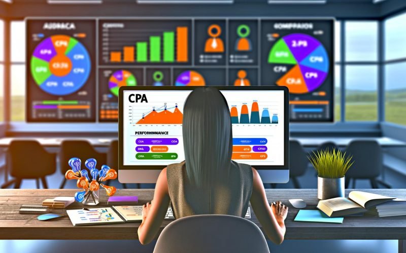 Moderne Illustration eines Digital Marketers, der in einem eleganten Büro bunte Performance-Dashboards auswertet, mit CPA als zentralem Messwert im Vordergrund