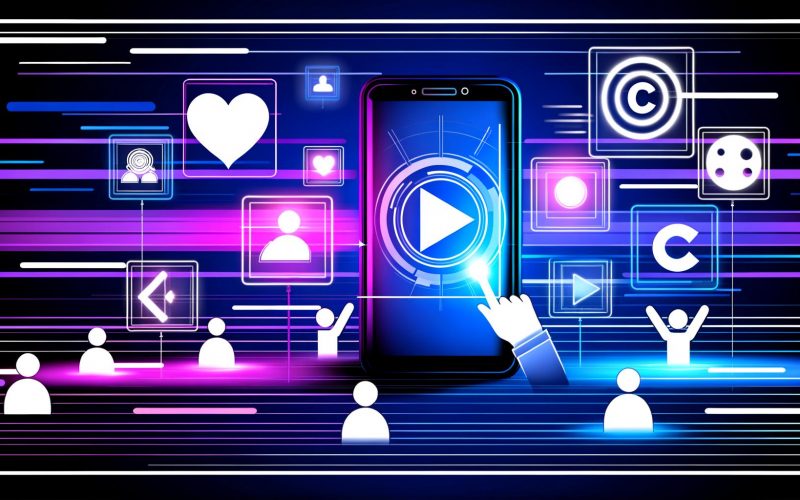 Abstrakte Illustration einer digitalen Werbeanzeige mit zentralem Smartphone, schwebenden Icons für Like, Kommentar, Teilen, Video und Karussell, Nutzer-Avataren und hervorgehobenem CPE-Symbol im bunten Social-Media-Design.