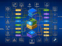 Illustration eines modularen Martech Stacks als technische Blaupause mit farbigen, verbundenen Komponenten wie CRM, CDP, CMS, Analytics, Data Warehouse und API-Middleware, Datenlinien, Warnsymbole und zentralem, smartem Kern.