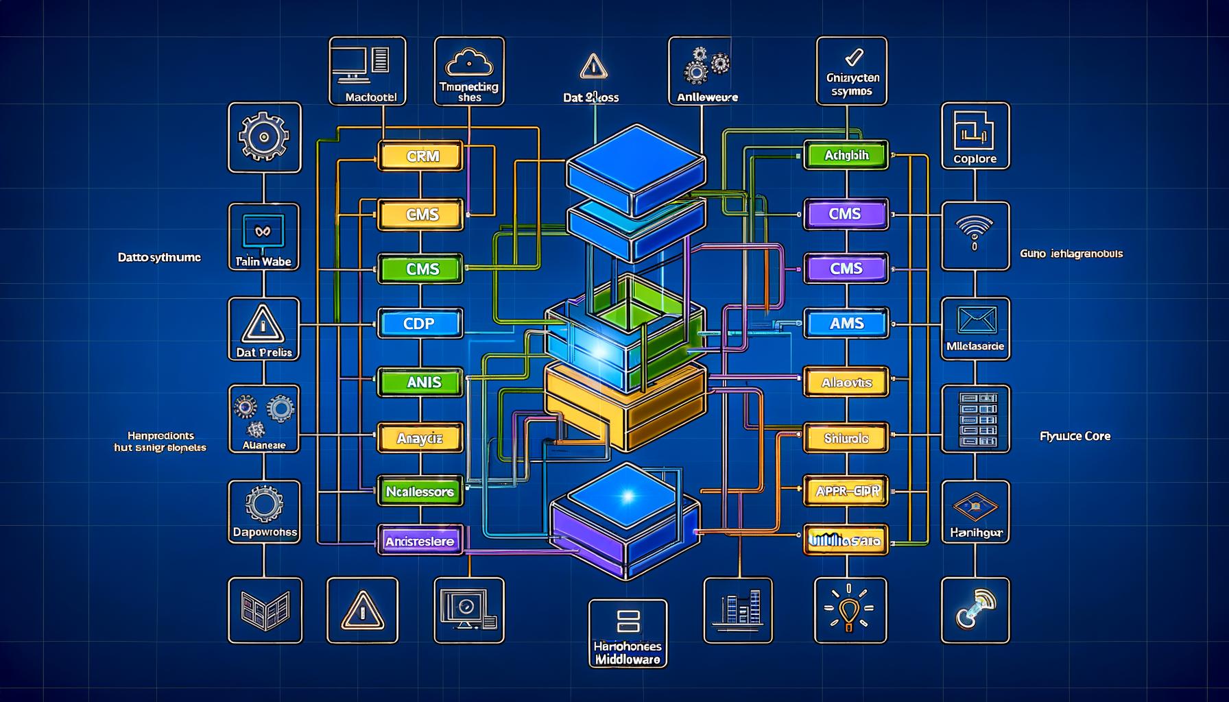 Illustration eines modularen Martech Stacks als technische Blaupause mit farbigen, verbundenen Komponenten wie CRM, CDP, CMS, Analytics, Data Warehouse und API-Middleware, Datenlinien, Warnsymbole und zentralem, smartem Kern.