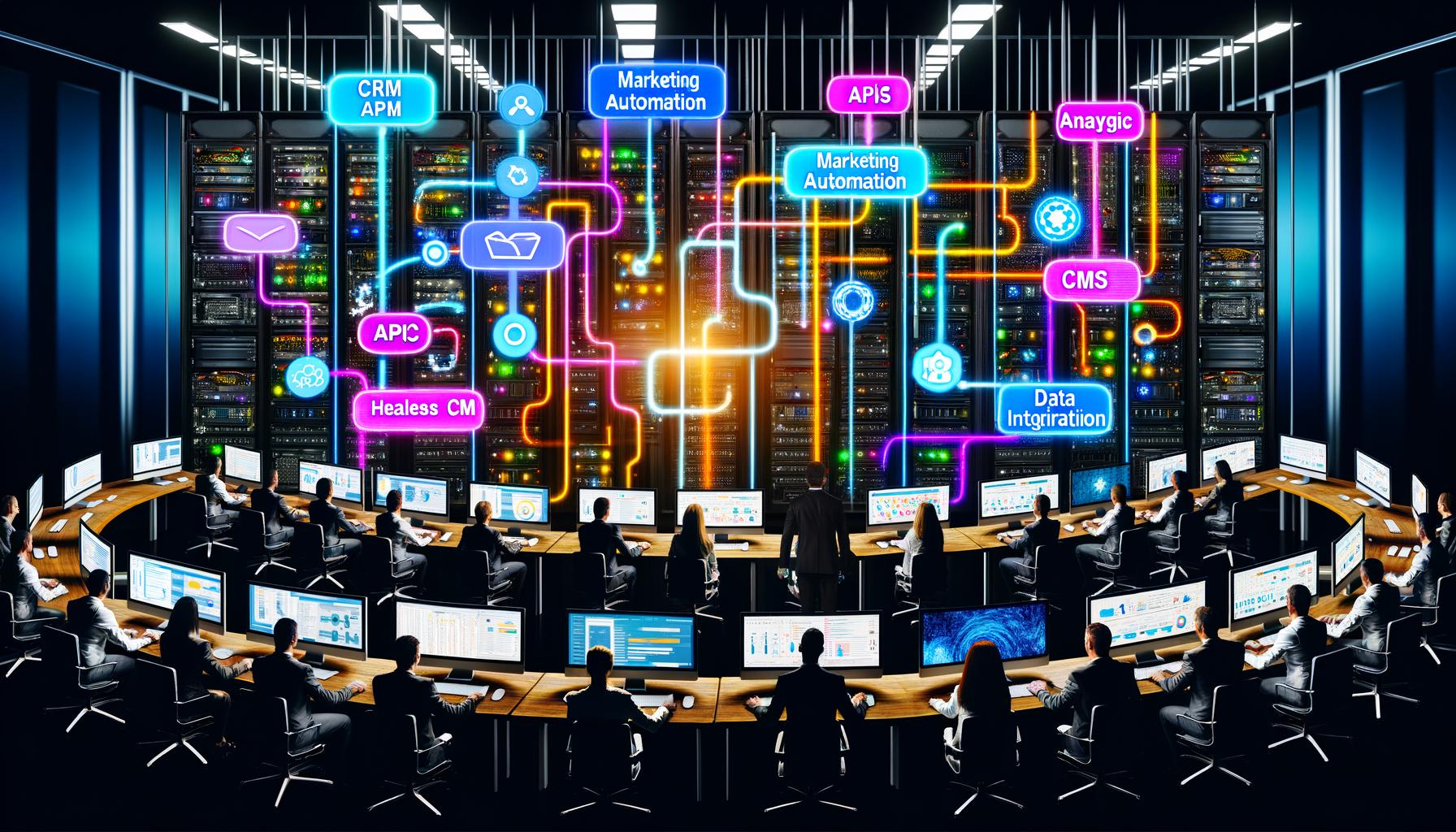 Hochmoderner, dunkler Raum mit leuchtenden digitalen Interfaces, verbundenen Datenströmen und Business- und Tech-Profis beim Überwachen von Automatisierungstools und Datenintegration.