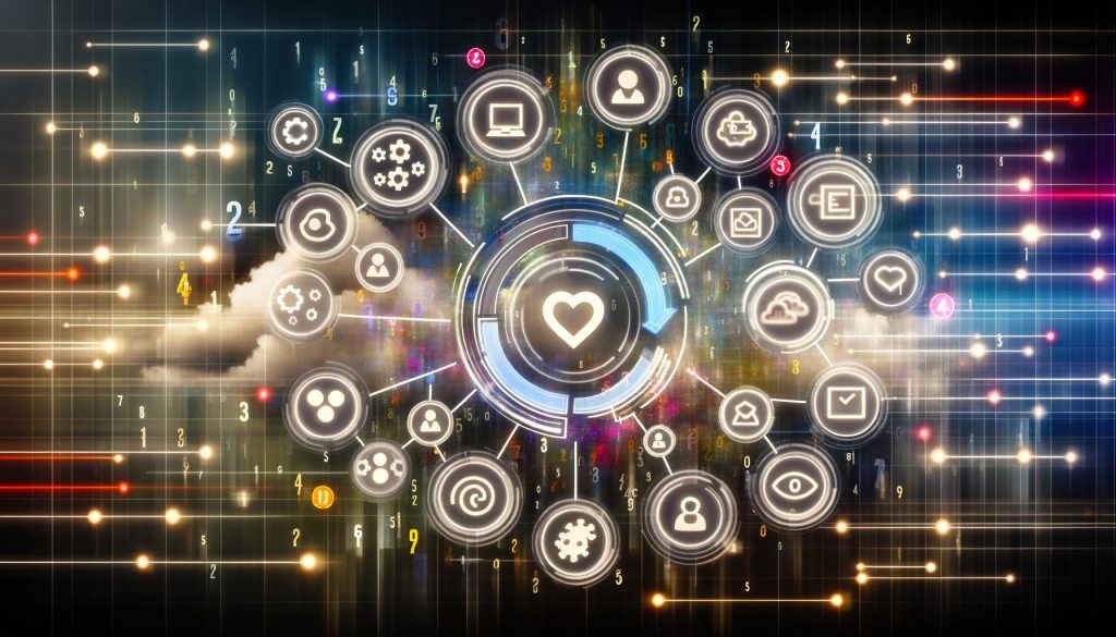 Abstraktes digitales Marketing-Ökosystem mit vernetzten Icons für CRM, CDP, Marketing Automation, Analytics, leuchtenden Datenströmen sowie digitalen Zahlen und Coding-Elementen im Hintergrund.