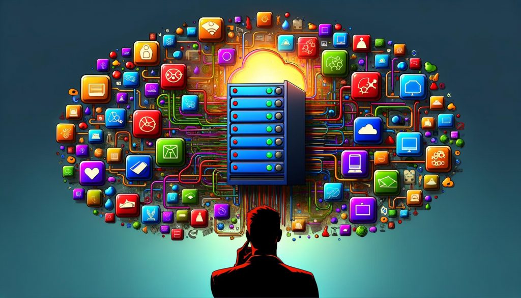 Symbolische Illustration eines überladenen Schreibtisches mit bunten digitalen Tools und einem zentralen, leuchtenden CRM-System. Weitere Martech-Komponenten wie Marketing Automation, CMS und Analytics schweben drum herum. Eine Person blickt kritisch auf das Durcheinander.