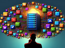 Symbolische Illustration eines überladenen Schreibtisches mit bunten digitalen Tools und einem zentralen, leuchtenden CRM-System. Weitere Martech-Komponenten wie Marketing Automation, CMS und Analytics schweben drum herum. Eine Person blickt kritisch auf das Durcheinander.