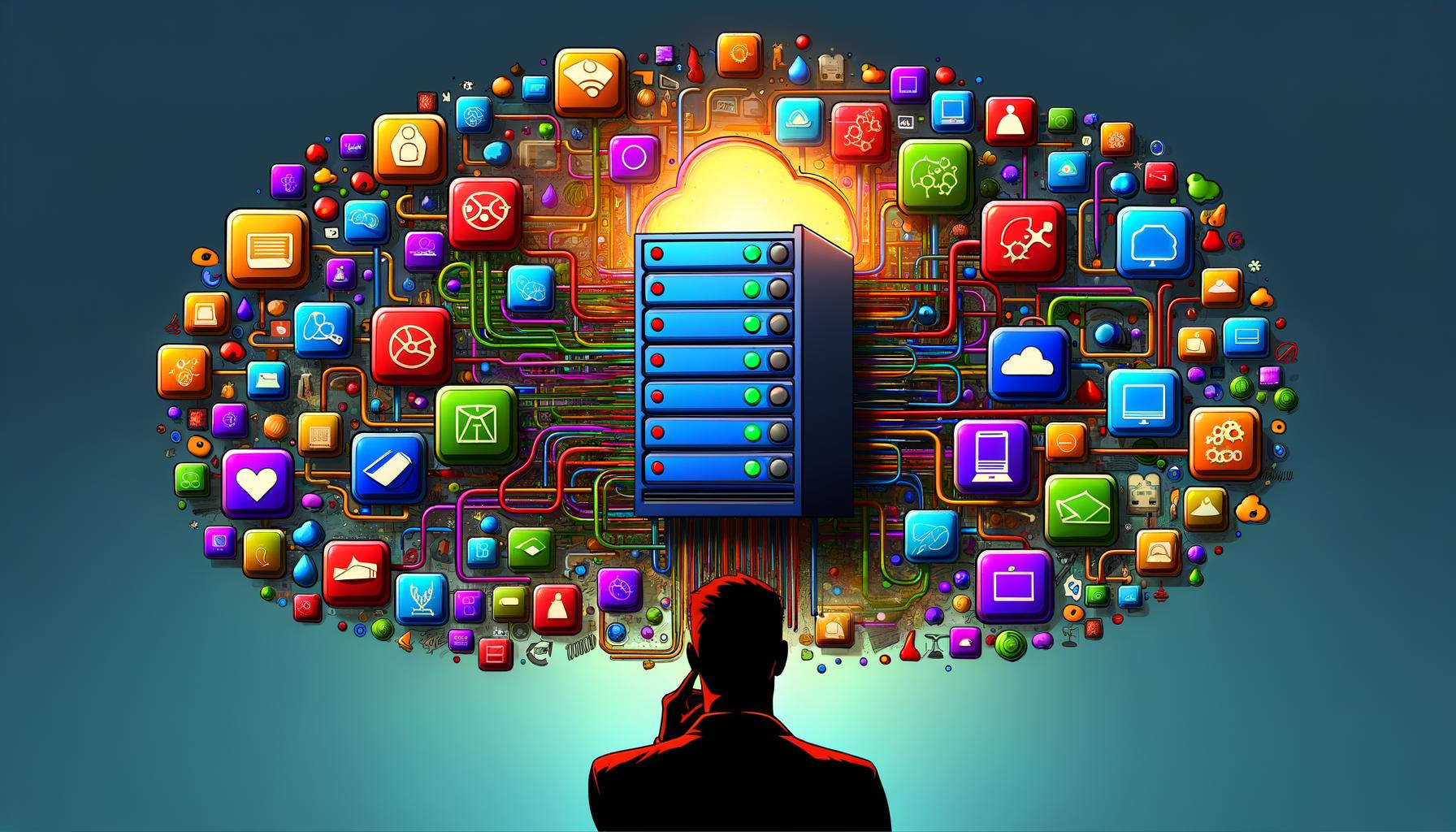 Symbolische Illustration eines überladenen Schreibtisches mit bunten digitalen Tools und einem zentralen, leuchtenden CRM-System. Weitere Martech-Komponenten wie Marketing Automation, CMS und Analytics schweben drum herum. Eine Person blickt kritisch auf das Durcheinander.