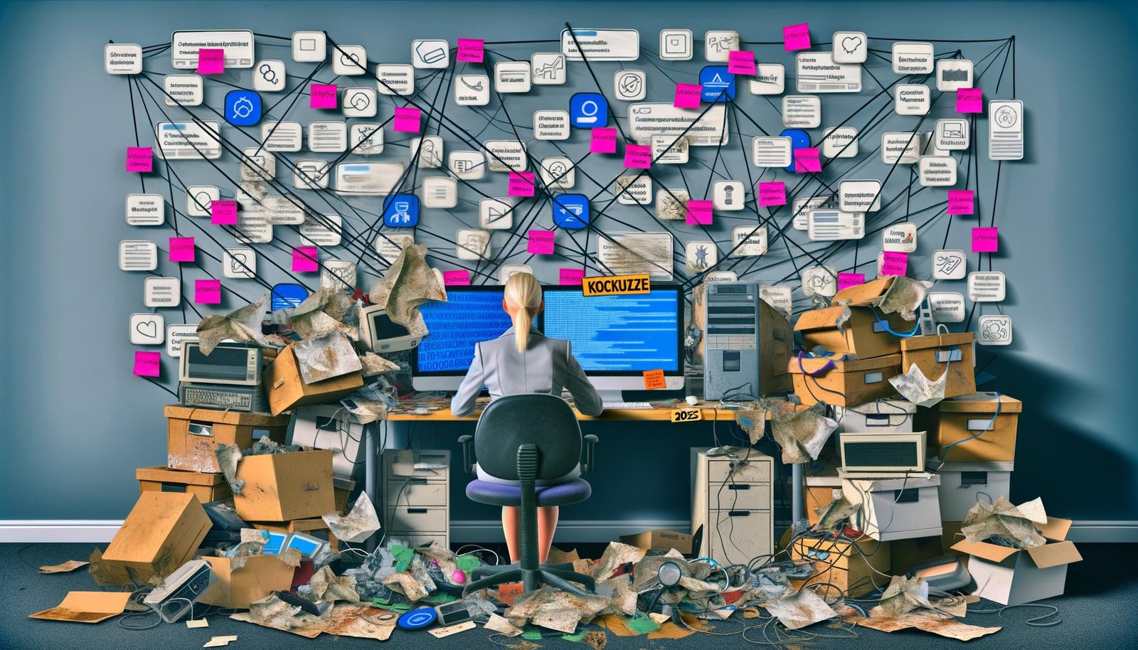 Gestresster Marketer an einem überladenen Schreibtisch, umgeben von alten und modernen digitalen Marketingtools, Kabelsalat, Fehleranzeigen und chaotischen Symbolen eines schlecht organisierten MarTech Stacks.
