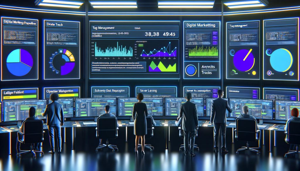 Digitales Marketingteam analysiert Echtzeit-Marketing-Dashboards in einem modernen, technologischen Kontrollraum mit analytischen Grafiken und Code-Snippets.