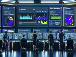 Digitales Marketingteam analysiert Echtzeit-Marketing-Dashboards in einem modernen, technologischen Kontrollraum mit analytischen Grafiken und Code-Snippets.