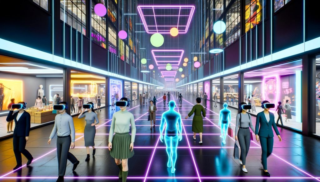 Gruppe von Menschen mit VR-Headsets beim entspannten Bummeln in einem futuristischen, neonbeleuchteten virtuellen Einkaufszentrum mit Hologrammen und digitalen Produktdisplays.