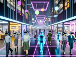 Gruppe von Menschen mit VR-Headsets beim entspannten Bummeln in einem futuristischen, neonbeleuchteten virtuellen Einkaufszentrum mit Hologrammen und digitalen Produktdisplays.