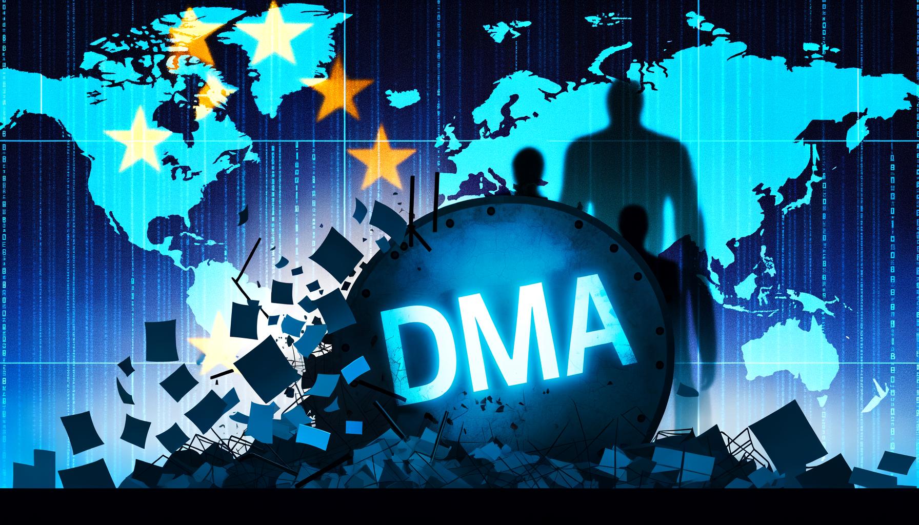 Übergroße Schatten von Google, Meta, Apple und anderen Big-Tech-Konzernen ragen vor einer Europa-Karte empor. Eine Abrissbirne mit der Aufschrift DMA zerstört Datennetze und Behördendokumente. Die Farben sind kühlblau, grau und signalorange, im Hintergrund leuchten teils verdeckte EU-Sterne.