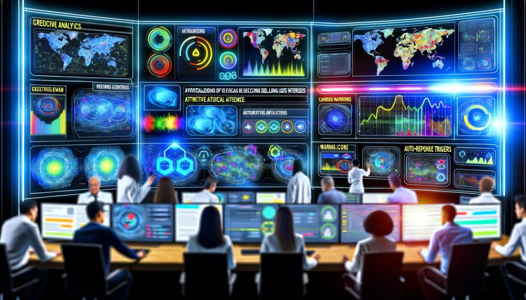 Marketer und Datenwissenschaftler überwachen in einem Hightech-Kontrollraum dynamische KI-Dashboards mit Heatmaps und Echtzeitdaten.