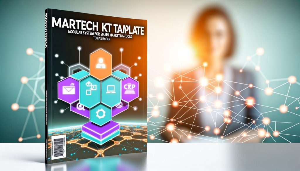 Modernes Titelbild mit Baukastensystem und Icons für zentrale Martech-Technologien vor digitalem Netzwerk, farbenfroh und futuristisch gestaltet.