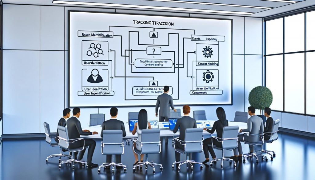 Marketingteam analysiert detaillierten Tracking-Plan auf großem digitalen Bildschirm mit Events, Properties, Nutzer-IDs und Consent-Management in modernem Büro.