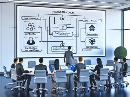 Marketingteam analysiert detaillierten Tracking-Plan auf großem digitalen Bildschirm mit Events, Properties, Nutzer-IDs und Consent-Management in modernem Büro.