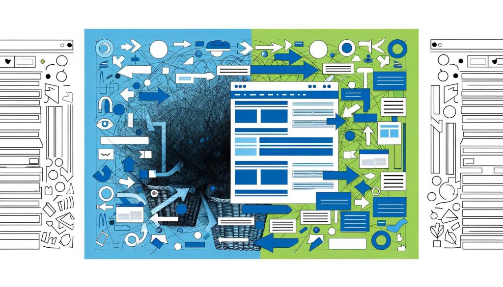 Illustration einer chaotischen Ansammlung von Webseiten links und einer geordneten Sitemap rechts mit Icons für Suche, SEO und Analysen.