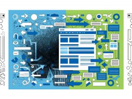 Illustration einer chaotischen Ansammlung von Webseiten links und einer geordneten Sitemap rechts mit Icons für Suche, SEO und Analysen.